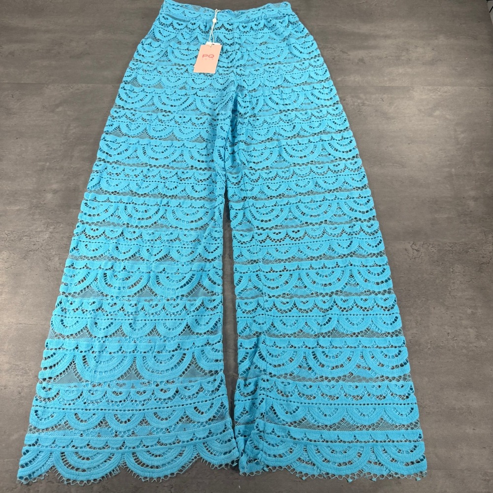 PQ Swim Lace Pant Womens XS/S Kai High Waist Blue Scalloped Sheer NEW $168 Flare